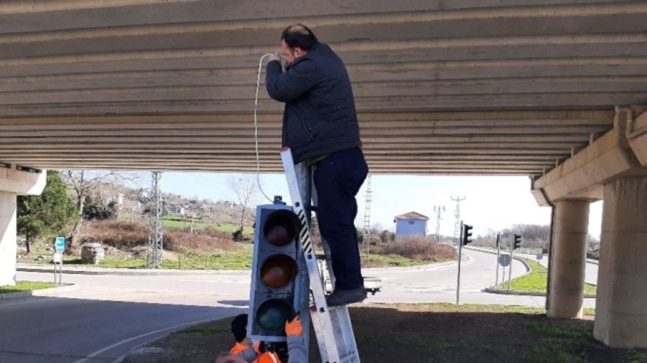 Sinop’ta kazada hasar gören trafik lambası değiştirildi
