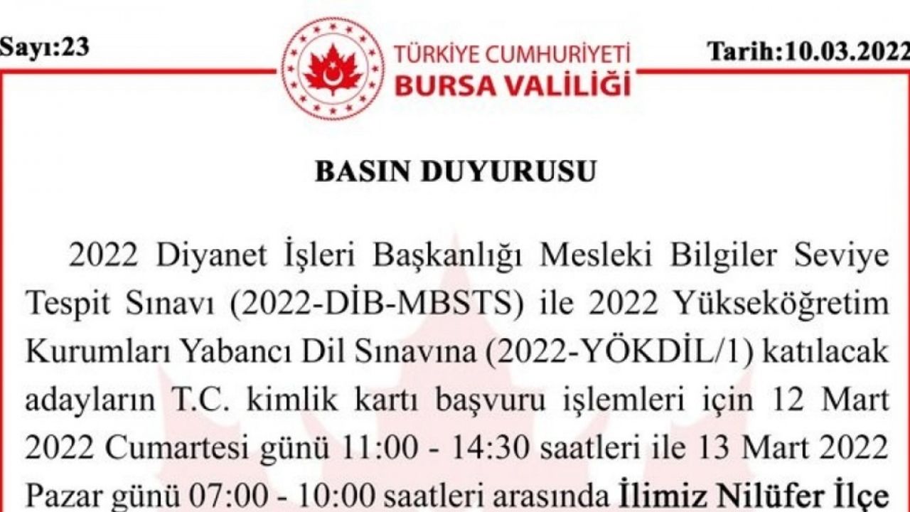 Bursa Valiliği duyurdu: Nilüfer İlçe Nüfus Müdürlüğü açık olacak