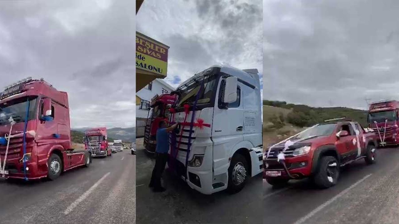 Damat tırcı olunca düğün konvoyu da tırlardan oluştu
