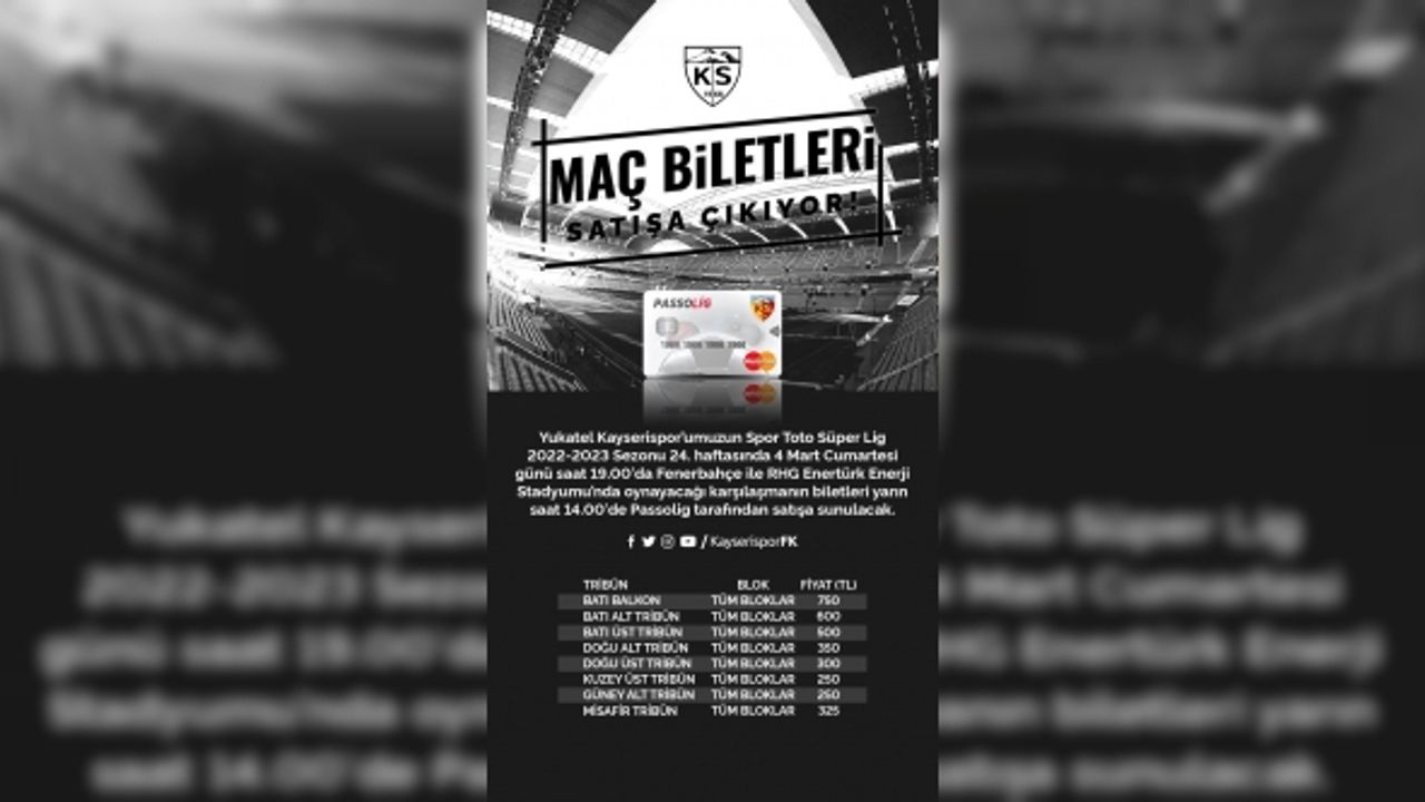 Kayserispor - Fenerbahçe maçı bilet fiyatları belli oldu