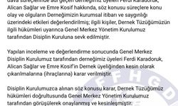 Türkiye Faal Futbol Hakemleri ve Gözlemcileri Derneği (TFFHGD): 'Disiplin kurulumuz tarafından derneğimiz üyeleri Ferdi Karadoruk, Alican Sağlar ve Emre Kosif'in dernek üyeliğinden kesin olarak çıkarılmalarına (ihraçlarına) karar verilmiştir.'