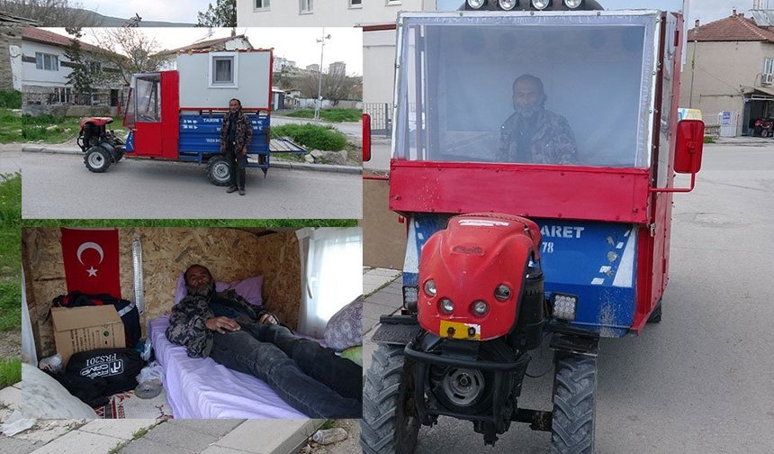 Tarım aracını karavana çeviren vatandaşın yaşam mücadelesi