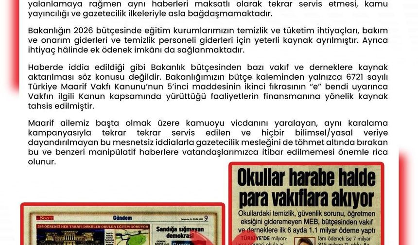 MEB Dezenformasyonla Mücadele: ''MEB, bütçesinden vakıf ve derneklere ilk 6 ayda 1,1 milyar ödeme yaptı' iddiası gerçeği yansıtmamaktadır'