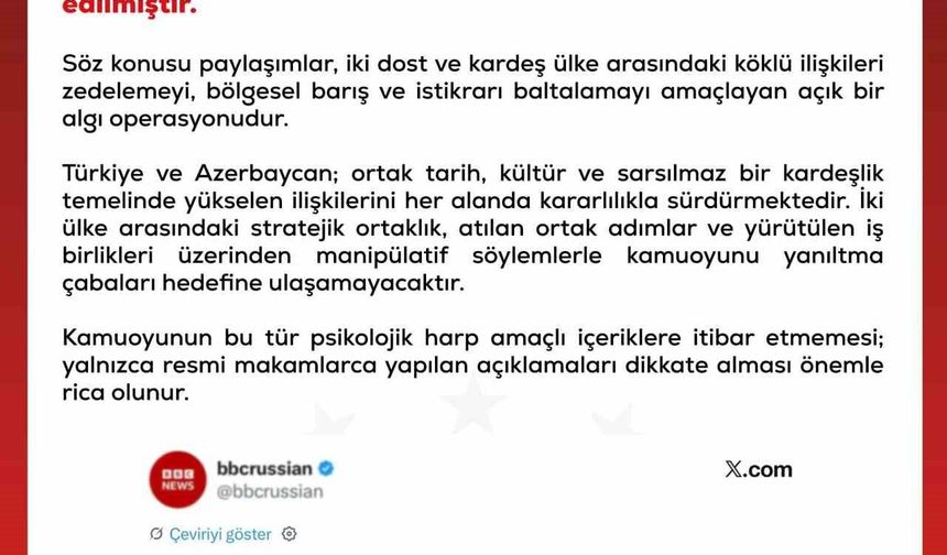 Dezenformasyonla Mücadele Merkezi: 'Türkiye ve Azerbaycan, kardeşlik temelinde yükselen ilişkilerini kararlılıkla sürdürmektedir'