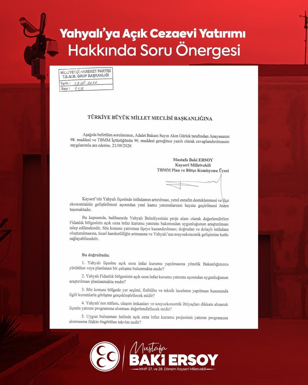 Baki Ersoy'dan Yahyalı'ya açık cezaevi yatırımı için soru önergesi
